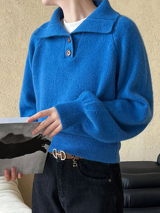 maoxiangshop  -  Casual Solid Knitted Lapel Sweaters Women Vintage Loose Button Long Sleeve Pullover Sweater Female Autumn Elegant Chic Base Tops