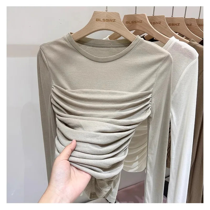 maoxiangshop Solid Ruched Vintage Shirt Women Long Sleeve Designer Y2k Elegant Casual Tops Female Korean Fashion Retro Chic Clothes