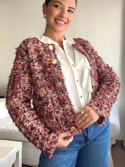 maoxiangshop  -  Elegant Knitting Woolen Short Jacket Woman Chic O-neck Single Breasted Jackets Female Autumn Fashion New Office Outwear Tops