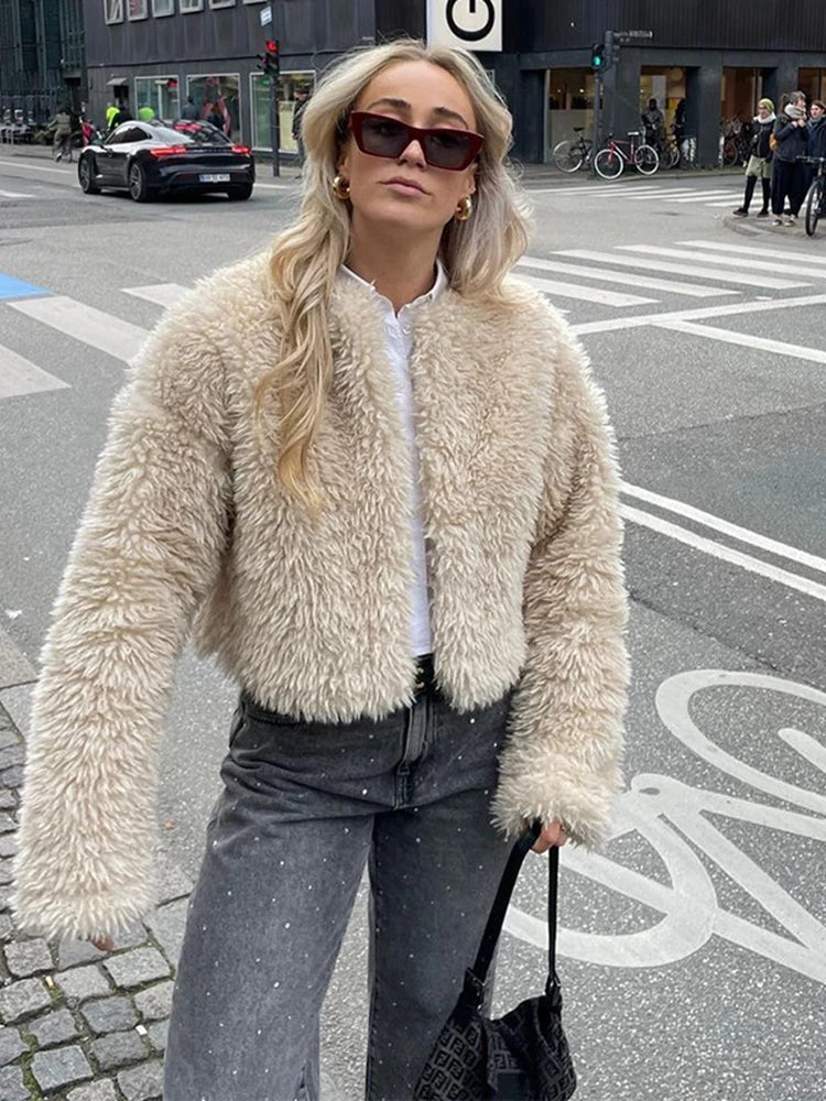 maoxiangshop -  Winter Loose Artificial Fur Jacket Women Fashion O Neck Long Sleeve Plush Warm Coat Autumn Chic Office Lady Thick Gary Outerwear