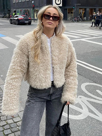 maoxiangshop -  Winter Loose Artificial Fur Jacket Women Fashion O Neck Long Sleeve Plush Warm Coat Autumn Chic Office Lady Thick Gary Outerwear