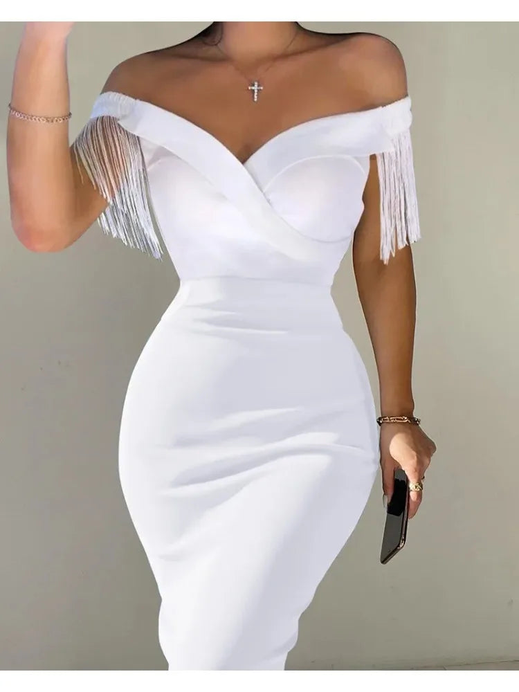 maoxiangshop DRESS TO IMPRESS Women Dress Summer Sexy Solid High Waist Dresses Ladies Slash Neck Evening Tassel Backless Splice Midi Vestidos Party Clothing