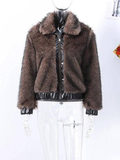 maoxiangshop  -  cold weather outfuts Fashion Faux Fur Short Coat Women Lapel Patchwork Zipper Long Sleeve Jacket 2024 Warm Autumn Winter Pocket Lady Street Outwear