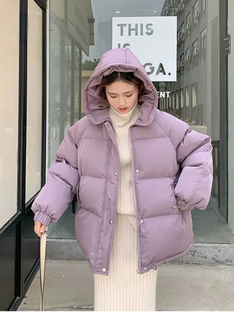 maoxiangshop Women Short Jacket Winter Thick Hooded Cotton Padded Coats Female Korean Loose Puffer Parkas Ladies Oversize Outwear