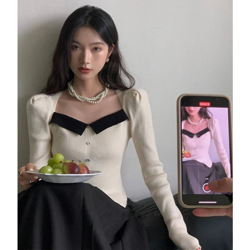 Vintage Knitted Sweater Women Square Collar Cropped Pullovers Korean Elegant Slim Knitwear Simple Patchwork Jumpers Tops