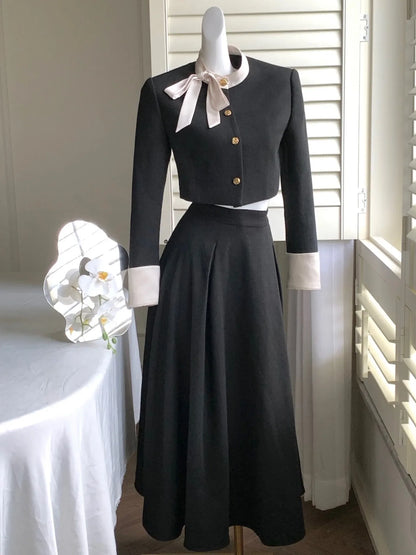 Fashion Hight Waist Skirt 2 Piece Set Korean Elegant Single Breasted Short Coat Outfits Women Princess Evening Party Clothes