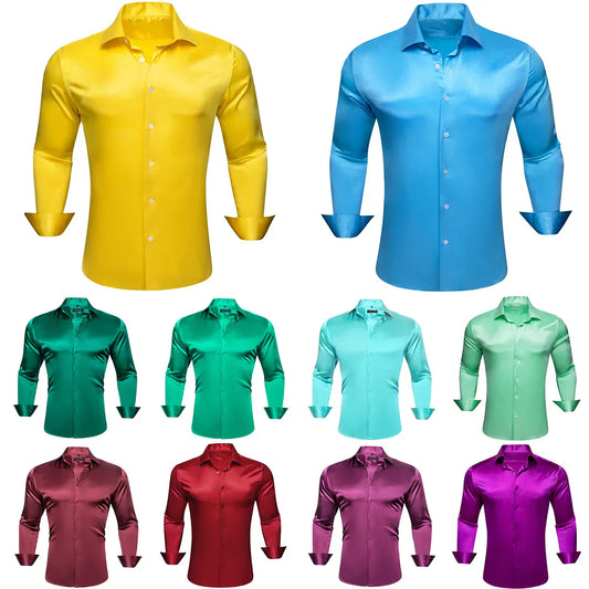 maoxiangshop Luxury Shirts for Men Silk Satin Solid Plain Red Green Yellow Purple Slim Fit Male Blouses Turn Down Collar Casual Tops