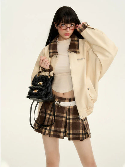 Fall Winter Women Old Money Outfits 2 Piece Set Pu Faux Leather Oversize Vintage Jacket + 2000s Plaid Gyaru Mini Pleated Skirts
