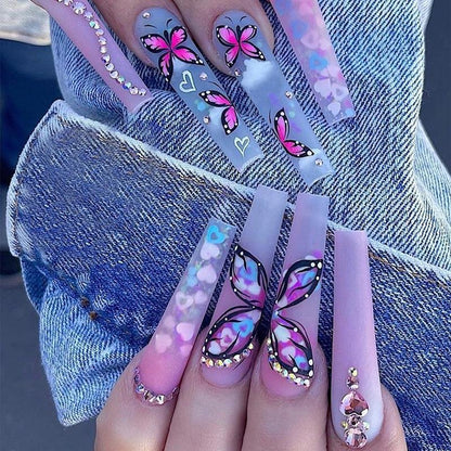 24Pcs Pink Flower Wearable False Nail Tips Long Square Fake Nail with Rhinestone Design Acrylic Coffin Full Cover Press on Nails