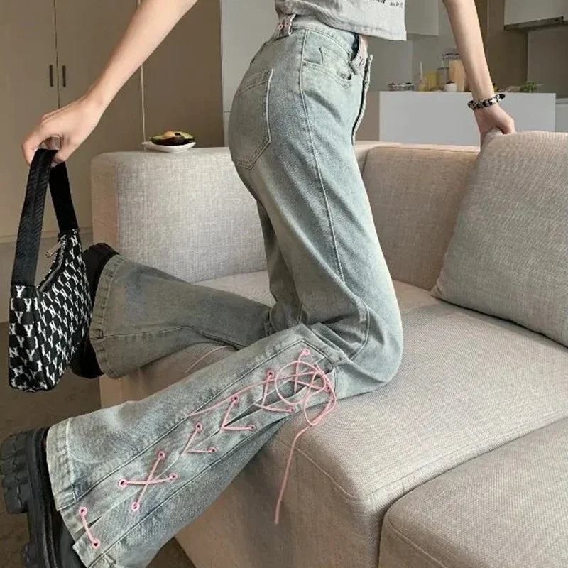 Y2K High Waist Jeans Women Vintage Bandage Slit Slim Flare Denim Pants Female Korean Streetwear Casual Wide Leg Trousers