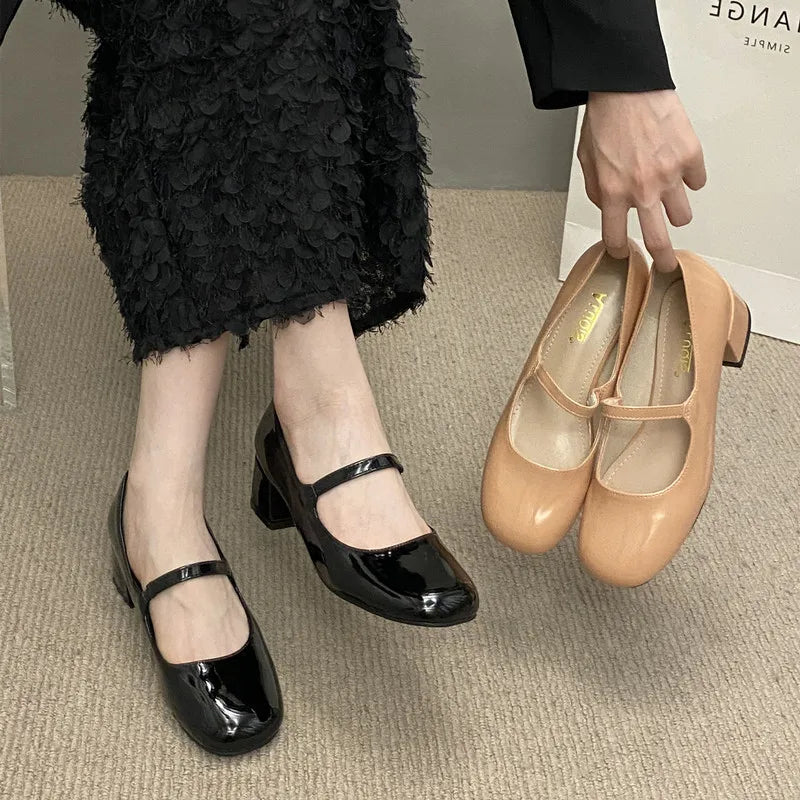 maoxiangshop -  Spring Autumn Britain Style Woman Pumps French Thick Heel Square toe Mary Janes Femme Punk Girls Shoes Moccasins