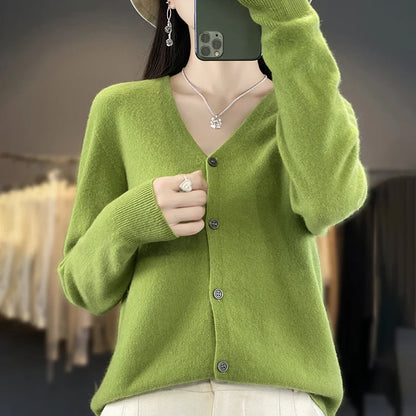 maoxiangshop New Fashion Spring Autumn 100% Merino Wool Women's V-neck Cardigan Cashmere Sweater 2024 Female Knitwear Clothing Korean Tops