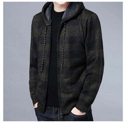 maoxiangshop Men Sweater Jacket Fashion Winter Coat Fleece Hoodies High Quality Luxury Checkered Hooded Knit Cardigan Male Outer Wear