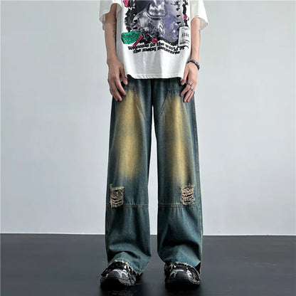 maoxiangshop Men's Hip Hop Ripped Hole Jeans Korean Handsome Casual Pants High Street Straight Loose Wide Leg Jeans Vintage Blue Baggy Jeans
