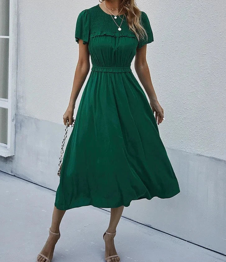 maoxiangshop Spring Summer Sweet Solid Women Puff Short Sleeve O Neck High Waist Holiday Style Long Dress