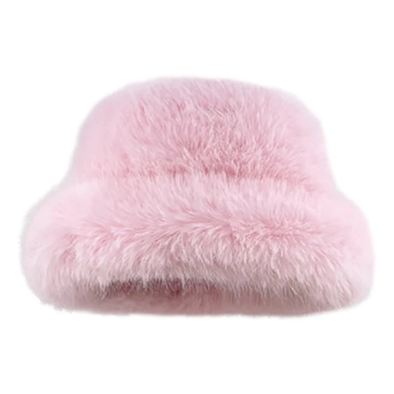 maoxiangshop  -  Y2K Fluffy Faux Fur Bucket Hat Women Winter Warm Thick Plush Ear Warmer Panama Fisherman Cap Lady Luxury Elegant Party Basin Hat