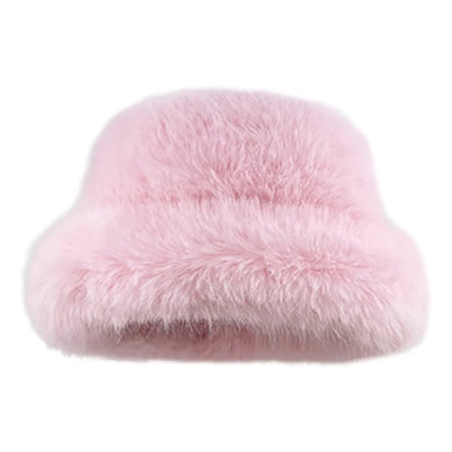 maoxiangshop  -  Y2K Fluffy Faux Fur Bucket Hat Women Winter Warm Thick Plush Ear Warmer Panama Fisherman Cap Lady Luxury Elegant Party Basin Hat