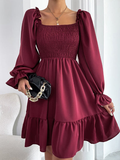 Spring/Summer New Ladies Fashion Dress Pullover Square Neck Long Sleeve Ruffle High Waist Tight Temperament Office Dress