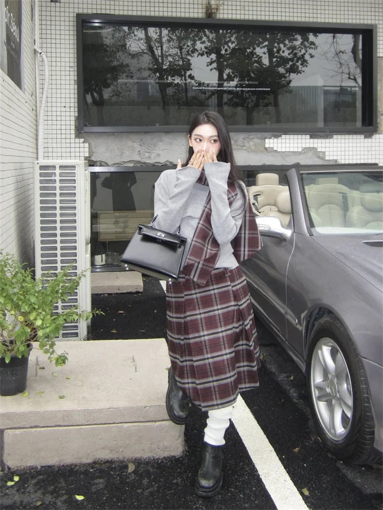 maoxiangshop  -  Retro Grey Set Women'S Autumn/Winter New Collection Stacked Collar Knitted Top With Checkered Half Skirt Two Piece Set