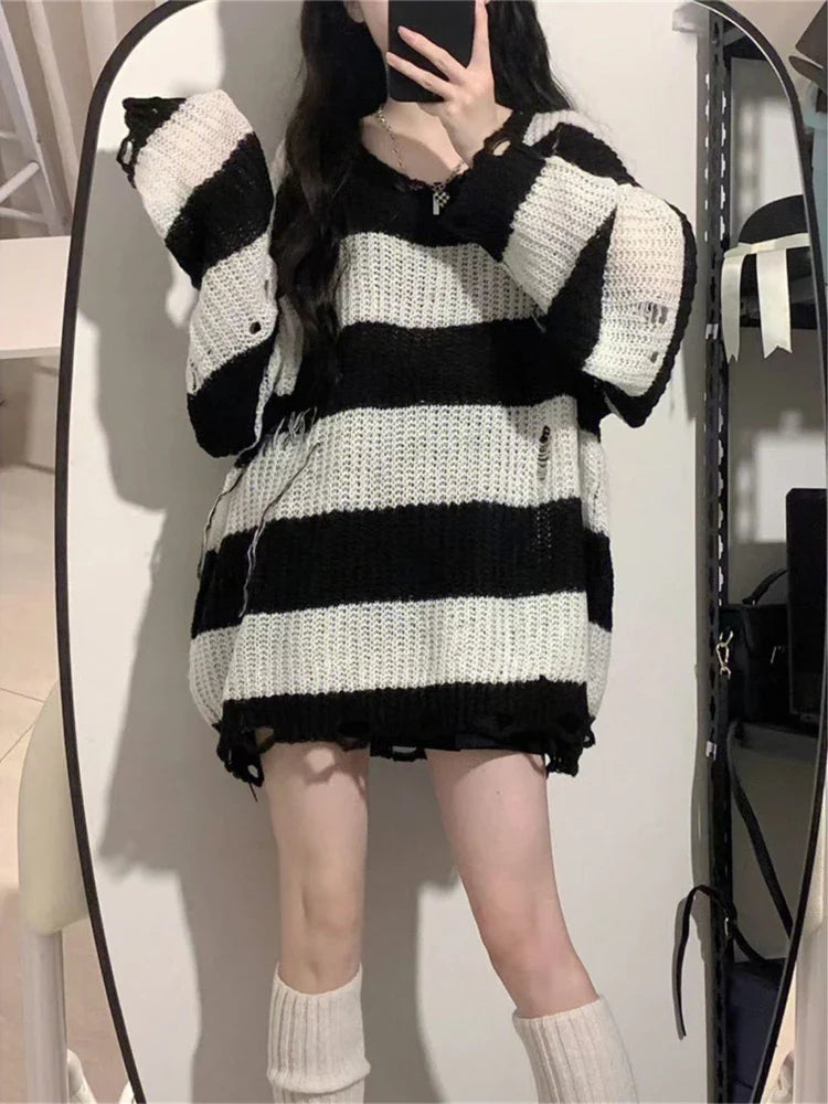 maoxiangshop Y2K Pink Striped Sweaters Women Harajuku Vintage Black Knitted Jumper Grunge Sexy Hole Hollow Out Loose All-match Tops