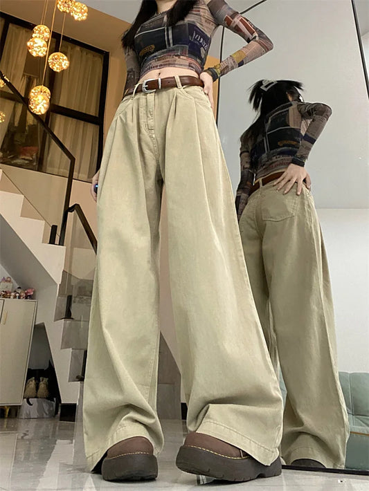 Y2K Vintage Khaki Baggy Jeans Women Korean Style Basic Denim Pants Female Oversized Harajuku Retro Wide Leg Trousers