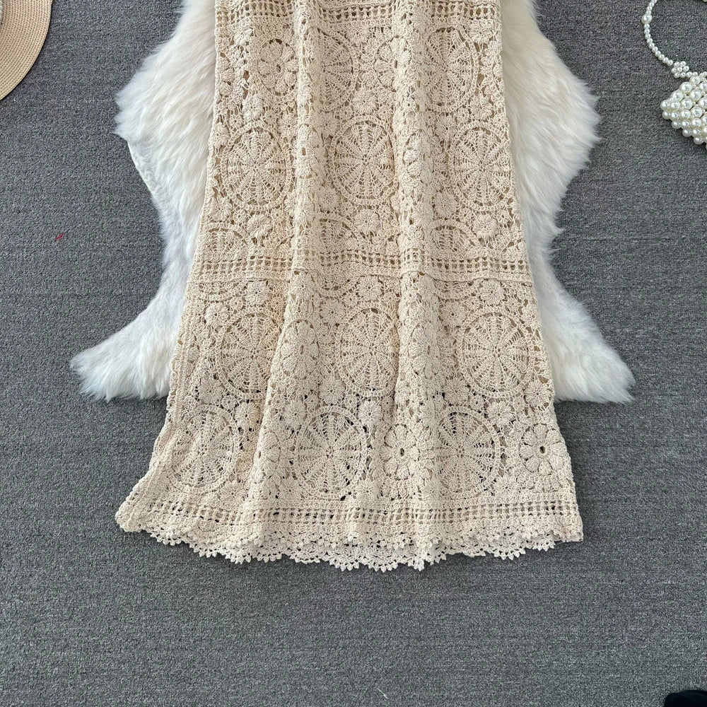 maoxiangshop Bohemian Beach Style Summer Dress Women Crochet Hollow Out Female Dresses Spaghetti Strap Sleeveless Vestidos De Mujer