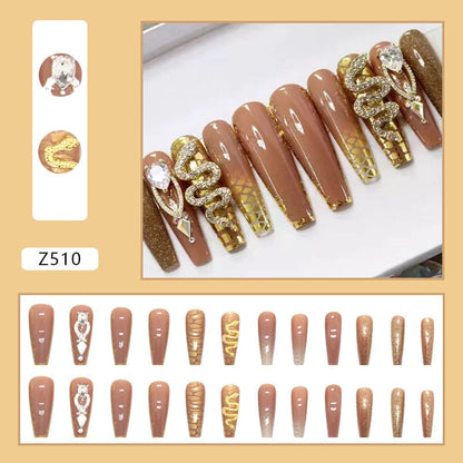 24Pcs Long Ballerina French False Nails Snake Rhinestones Design Fake Nails Wearable Coffin Press on Nails Full Cover Nail Tips