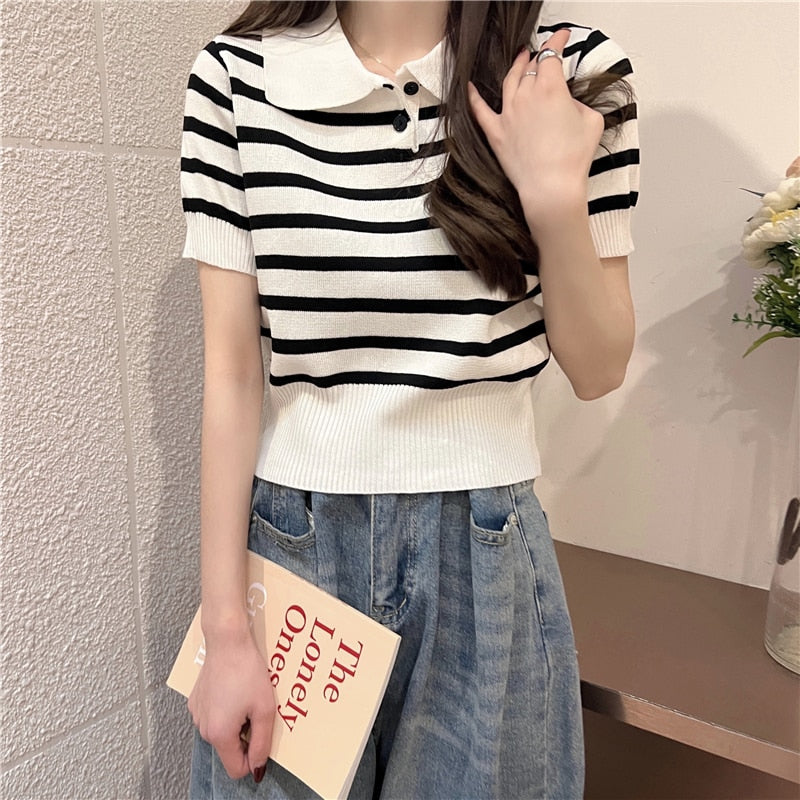 maoxiangshop Summer Vintage Striped Polo Collar T Shirts Women's Knitted Short Sleeve Thin Cropped Tshirt Crop Top For Slim Girls