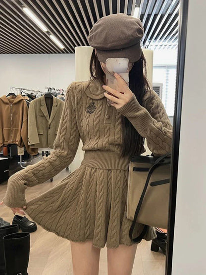 maoxiangshop1 Autumn Preppy Style Knitted Clothing Suit Woman Slim Kawaii Swearter Tops Casual Y2k Mini Skirt Woman Fashion 2 Piece Set