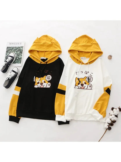 maoxiangshop Women Cotton Hoodies And Sweatshirt Cartoon Dog Embroidery Patchwork Hooded Pullover For Sweet Style Girl Drawstring Tracksuits