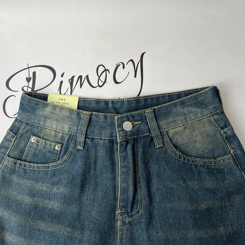 maoxiangshop Vintage Wide Leg Cargo Jeans Women Autumn High Waist Bagge Pants Woman Y2K Streetwear Loose Denim Trousers Female