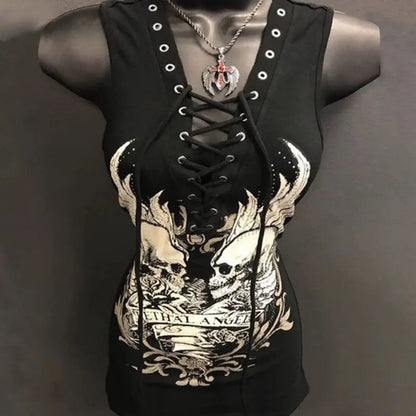 maoxiangshop  -  Dark Gothic Skull Print Tie Up Y2K Spicy Girl Slip Dress Summer New Fashion Slimming Tie Up Mid length Tank Top Women Clothing