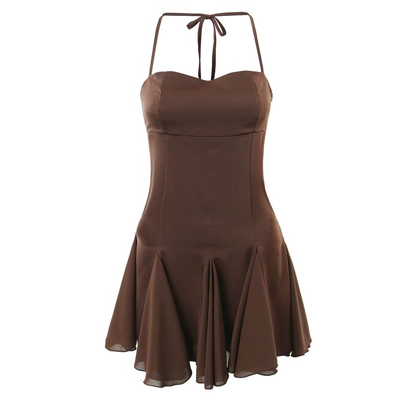 maoxiangshop Spring Summer New Sexy Slim Fashion Women Halter Neck Tie Backless Pleated Short Strap Mini Dress Female