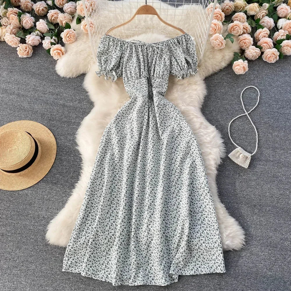 maoxiangshop Women Floral Dress Bohemian A-Line Slash Neck Short Sleeves Dress Summer Vintage Beach off Shoulder Polka Dot Sundress