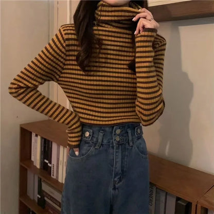 maoxiangshop Women's Striped Turtleneck Sweater Autumn and Winter Knit Sweater Women's Long Sleeve Striped Sweater Turtleneck Sweater