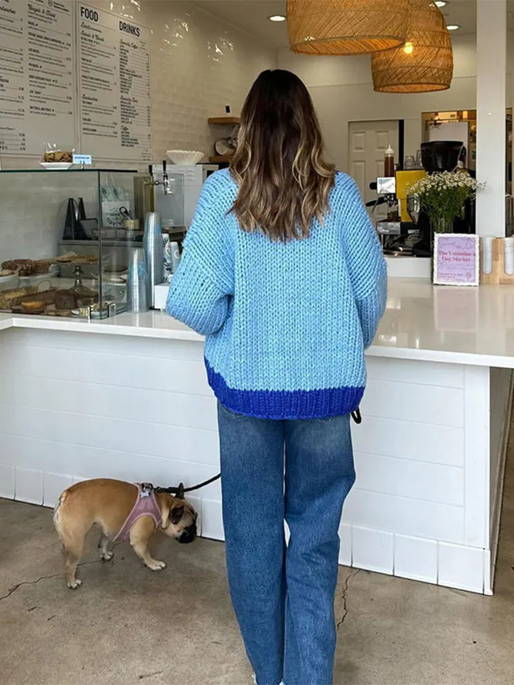 maoxiangshop  -  Women Casual Blue Contrast Color Knitted Sweater Jacket Loose Long Sleeve V Neck Cardigan Autumn Fashion Lady Street Knitwear