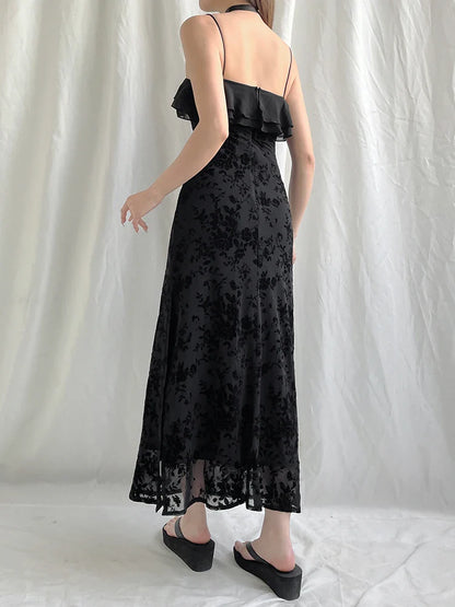 maoxiangshop Floral Mesh Double Layers Sleeveless Sundress Black Turn-down Ruffle Strapless Straight Long Dress Beach Holiday Robe