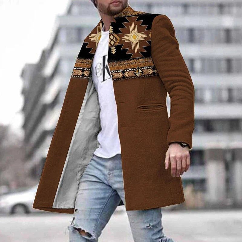 maoxiangshop WELL DRESSED MEN Autumn Winter Retro Print Woolen Coat Men Casual Single Breasted Lapel Long Sleeve Coat Men Fashion Loose Pocket Mid Long Jacket