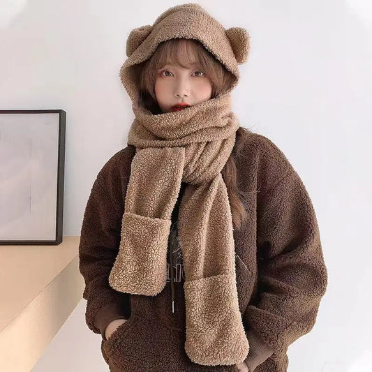 maoxiangshop Cute Bear Ear Hat Scarf Set Kawaii Women Winter Beanies Caps Warm Casual Plush Hat Casual Female Keep Wammer Anime Gift