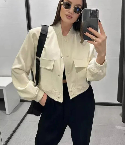 maoxiangshopWomen Fashion With Pockets Bomber Jacket Coats Vintage Long Sleeve Front Button Casual Female Outerwear Chic Tops