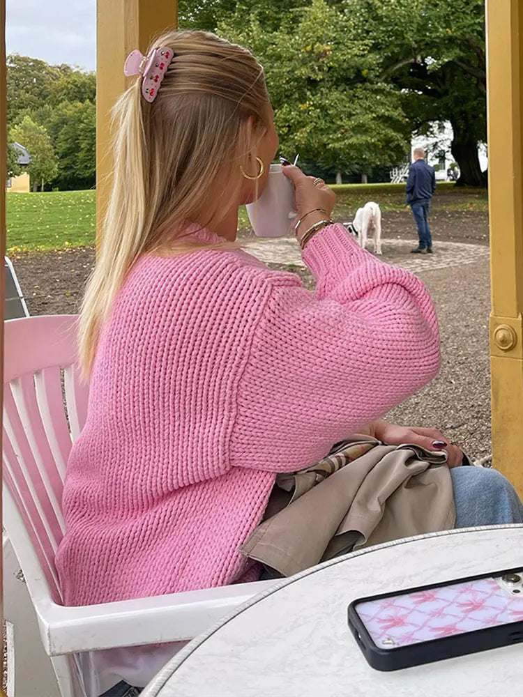 maoxiangshop -  Pink Crochet Cropped O-neck Sweaters For Women Long Sleeve Fit Warm Knitted Pullover Top Fashion Autumn Winter Holiday Outerwear