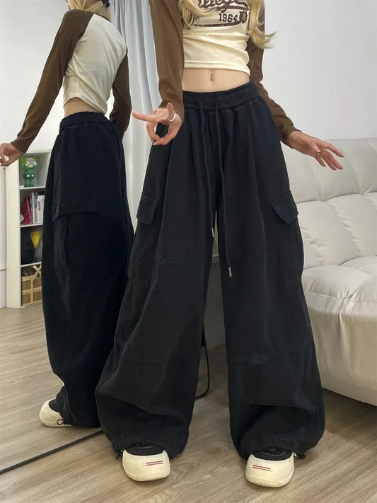 Vintage Baggy Cargo Pants Women Y2k Sweatpants Drawstring High Waist Pocket Patchwork Wide Leg Pants Oversize Trousers