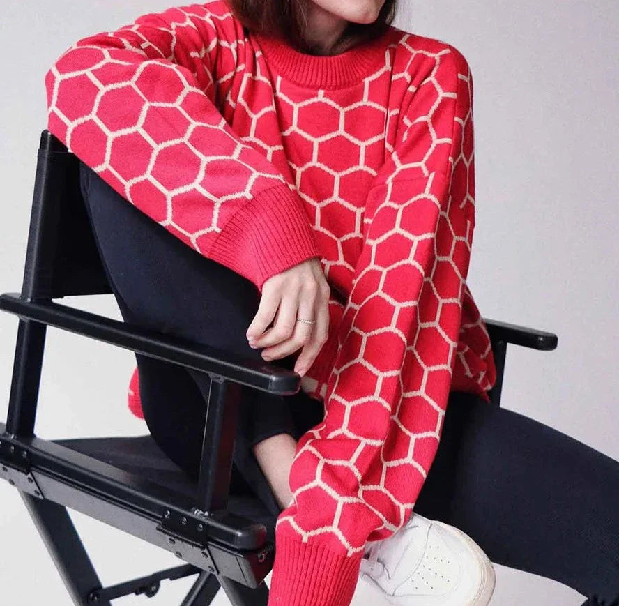 maoxiangshop  -  Autumn New Pullover Sweater Women's Retro Plaid Print Loose Casual Knitted Top  Long Sleeve Round Neck Female Fashion