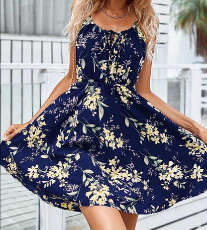 maoxiangshop Sexy Floral Print Short Dress Women Summer Fashion Black Backless Beach Sundress Casual Sleeveless Lace-up New In Dresses