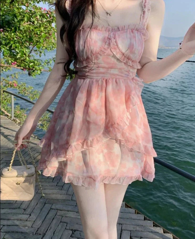 maoxiangshop Summer Pink Floral Y2k Mini Dress Woman Sweet One Piece Dress Korean Fashion Chiffon Long Sleeve Short Party Dress Beach