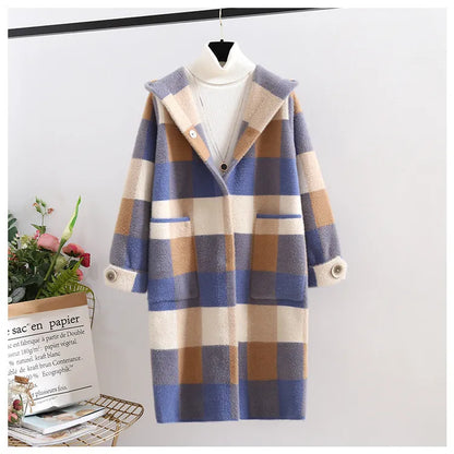 maoxiangshop popular plaid coat winter women's new Korean version imitation mink coat medium long lapel woolen coat