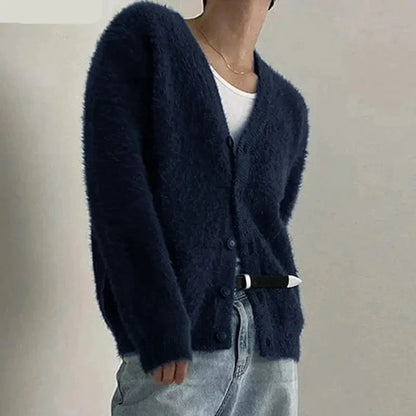 maoxiangshop Men Sweaters Solid Color Plush V Neck Long Sleeve Casual Cardigan Men Streetwear Fashion Leisure Knitted Outerwear