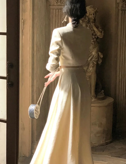 Korean Elegant Blazer 2 Piece Sets for Women Button Jacket with Tie High Waist Skirts Suit Spring Autumn Fashion Party Outfits