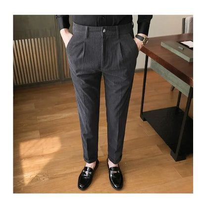 maoxiangshop British Style Men High Waist Casual Dress Pant Men Belt Design Slim Trousers Formal Office Social Wedding Party Dress Suit Pants