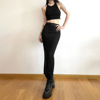 Y2K Black Long Skirts Women Harajuku Sexy Mesh Patchwork Wrap Skirt Summer Gothic Korean High Waist Slim A Line Faldas New